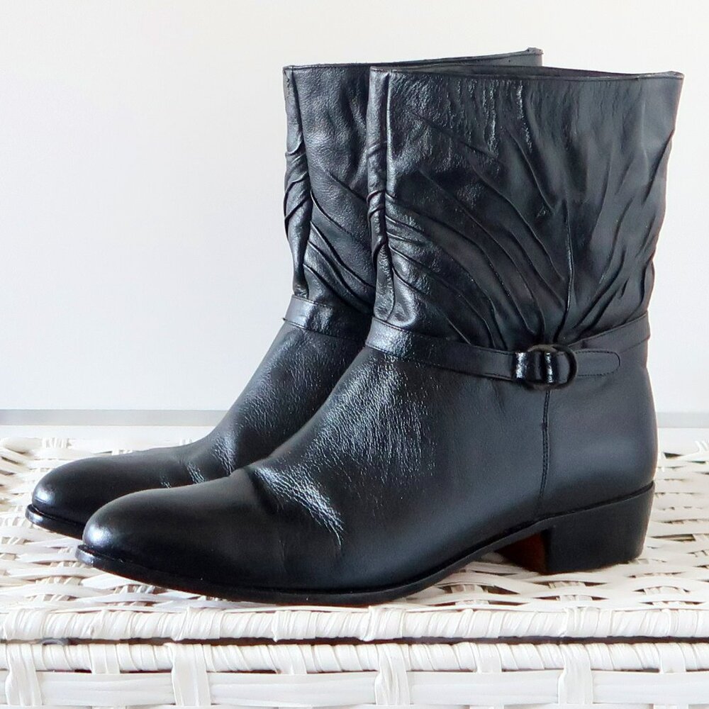 Hardy Black Leather Mid-Calf Western Hand Made Ankle Boots Block Heel Brazil 9.5